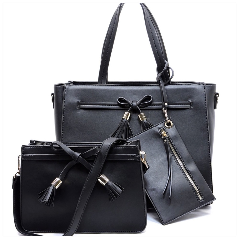 Bow Tassel Satchel Set Black - Picture 1 of 7